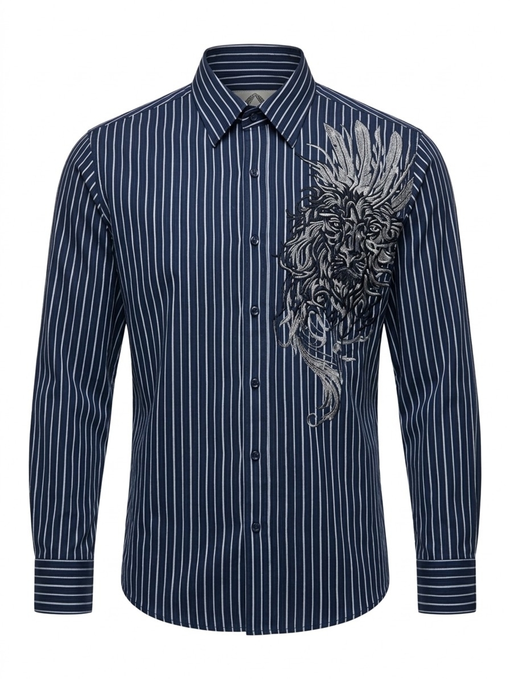 Men's Navy Striped Button-Down Shirt with Embroidered Graphic